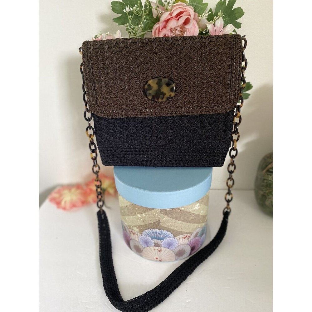 Christian Livingston Black Crochet Bag w Faux Tortoise Chain Strap Cross Body‎